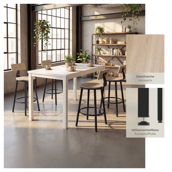 Weißer Esstisch mit Barhockern in Holzoptik in hellem Raum im Industrial-Stil, Detailansichten von Holzmaserung und verstellbaren Füßen.