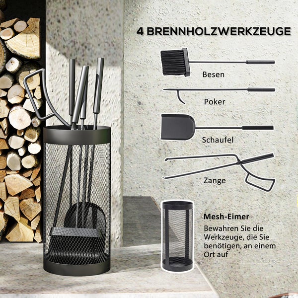 Outsunny Kaminbesteck Set, 5-teilig Kaminzubehör mit Besen, Schaufel, Zange, Schürhaken und Korb, Kamingarnitur, Ø16 x 33,5H cm, Metall, Schwarz