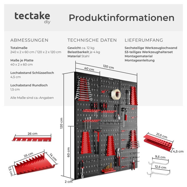 Werkzeuglochwand tectake Jonah Belastbarkeit 4 kg pro Platte sechsteilig schwarz/rot