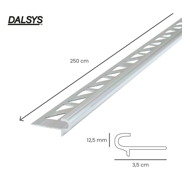 DALSYS Logo. Treppenkantenprofil aus Aluminium, Länge 250 Zentimeter, Höhe 12,5 Millimeter, Breite 3,5 Zentimeter, mit gestanzter Befestigungsschiene.