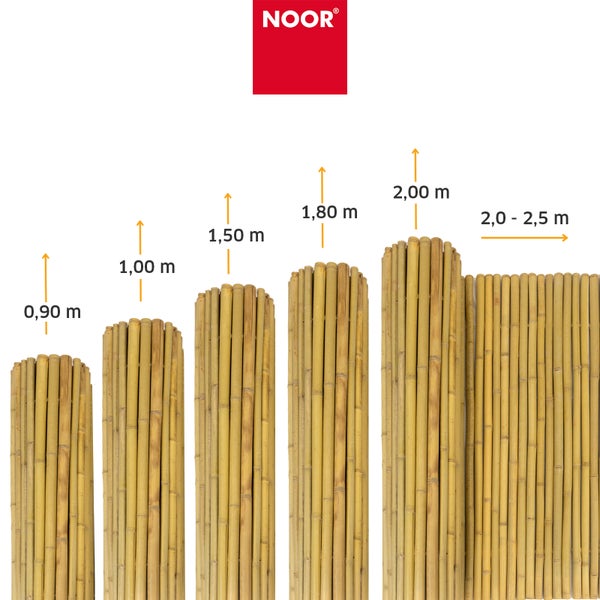 Noor Logo und Bambuszaun Matten in verschiedenen Hoeghen von 0,90 Meter bis 2,00 Meter dargestellt.