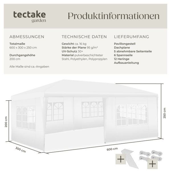 Pavillon tectake Novara wasserdicht 6 x 3 m, im Stecksystem weiß