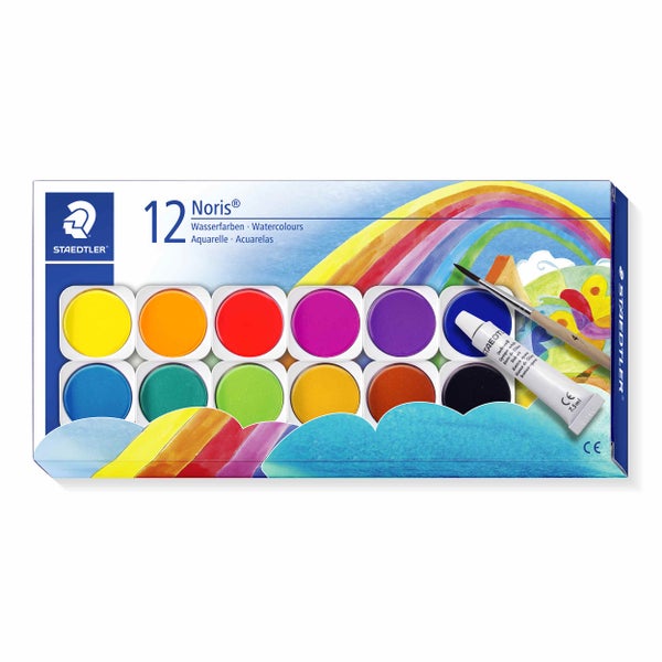 Staedtler Noris Tuschkasten mit 12 Wasserfarben, einer Tube Deckweiß und einem Pinsel.