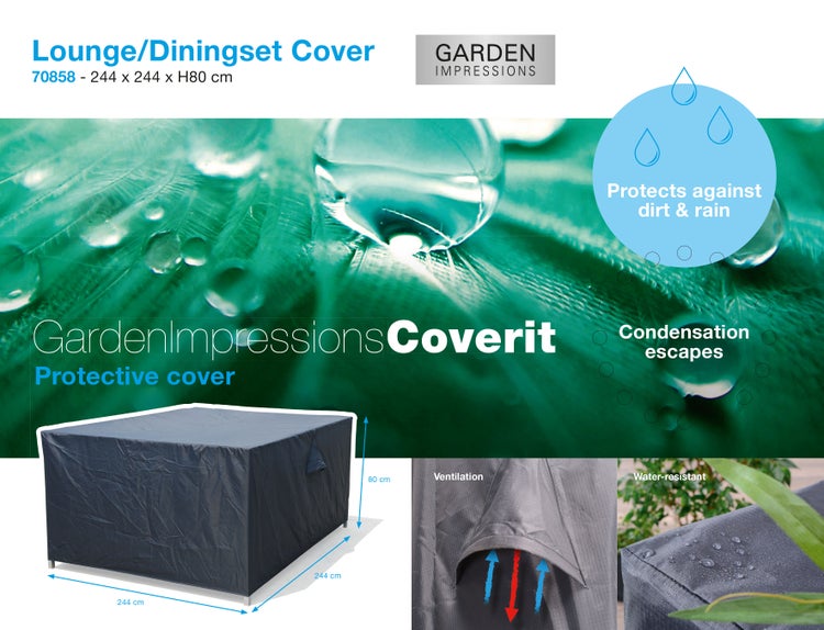 Garden Impressions Logo, Schutzhülle Coverit für Lounge- und Essgruppen, 244 mal 244 mal 80 Zentimeter, wasserabweisend und atmungsaktiv.