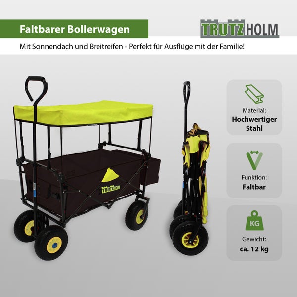 Faltbarer Bollerwagen mit Sonnendach von Trutzholm in geöffnetem und zusammengeklapptem Zustand.