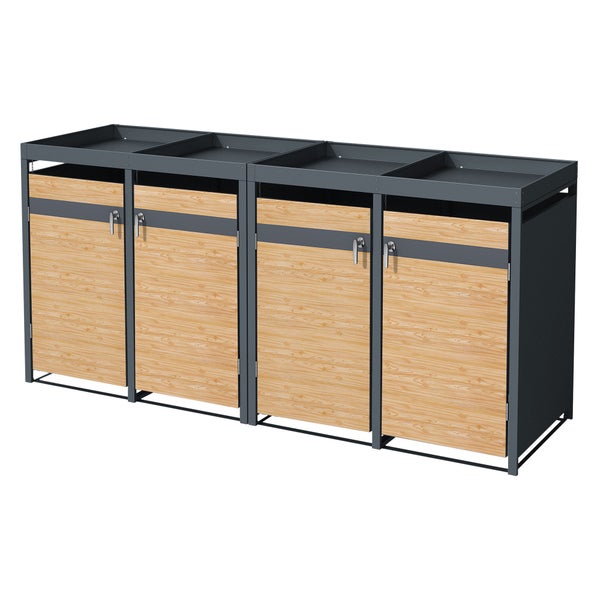 ML-Design Mülltonnenbox 4er mit Pflanzdach für 4 Tonnen, 240L 264x80x124 cm Lärchenoptik, Stahl, wetterfest, Abschließbare Mülltonnenverkleidung mit Tür, Müllbox Mülltonnecontainer Mülltonnenabdeckung