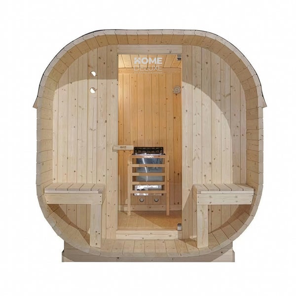 Fasssauna aus Holz von Home Deluxe mit zwei Sitzbänken, Saunaofen und Glastür für den Garten.