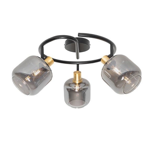 Moderne Deckenleuchte mit schwarzem kreisförmigem Metallgestell, goldfarbenen Fassungen und drei rauchgrauen Glasschirmen.