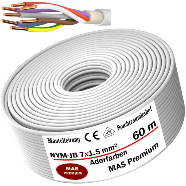 MAS Premium Mantelleitung NYM-JB 7x1,5 Quadratmillimeter Feuchtraumkabel, 60 Meter Ring mit Detailansicht der sieben farbigen Adern.