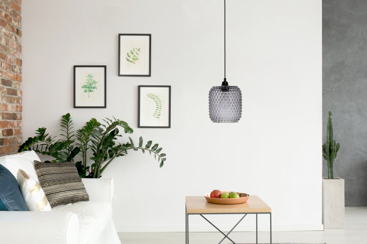 Wohnzimmer mit Sofa, Tisch, Zimmerpflanzen, Bildern und einer Hängelampe