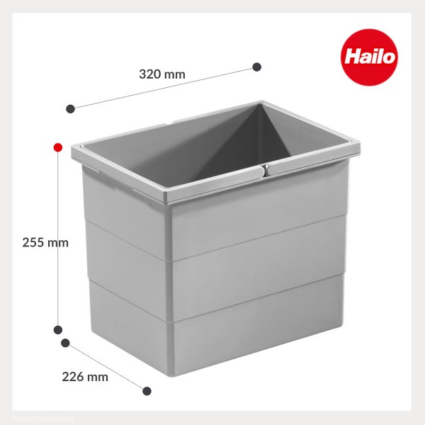 Hailo Logo. Grauer Abfalleimer-Einsatz aus Kunststoff mit Maßen 320 Millimeter mal 226 Millimeter mal 255 Millimeter.