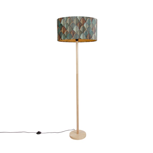 Moderne Stehlampe mit rundem Holzfuß und Lampenschirm mit Blattmuster