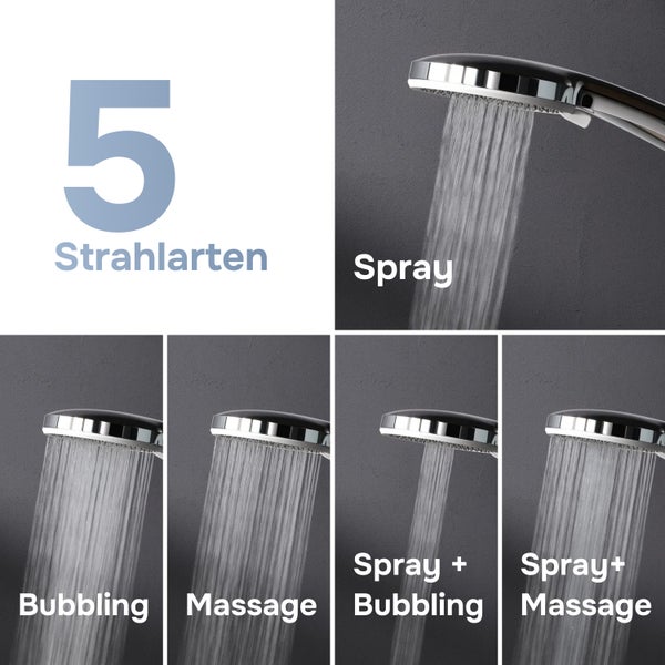 Handbrause mit fünf verschiedenen Strahlarten: Spray, Bubbling, Massage, Spray plus Bubbling und Spray plus Massage.