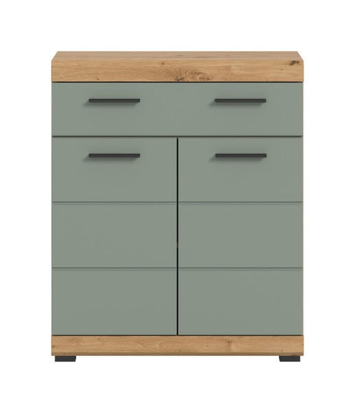 Sideboard mit einer Schublade und zwei geöffneten Türen, Innenfach mit Einlegeboden, Korpus in Eichenoptik, Fronten in Salbeigrün, schwarze Griffe.