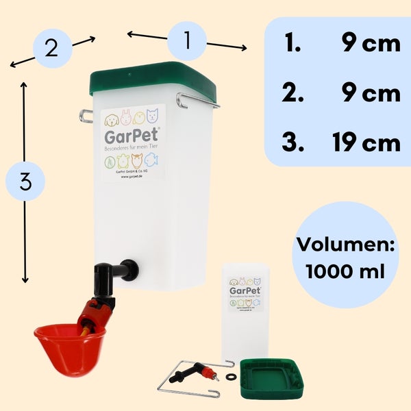 GarPet Tierwasserspender mit Maßangaben und 1000 ml Volumen