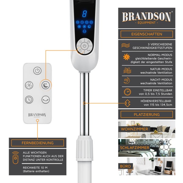 Brandson Standventilator Silent mit Fernbedienung und Display, mobiler Lüfter, Oszillation 80°, 60 Watt, Ventilator leise, Höhe verstellbar