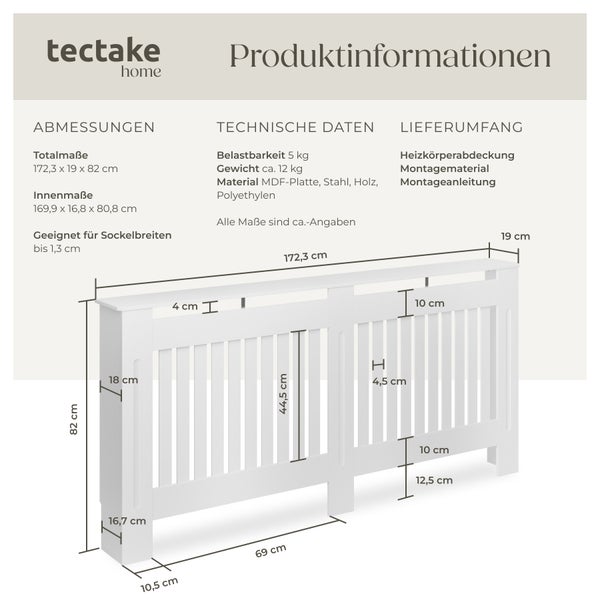 tectake home Heizkörperverkleidung Produktinformationen mit Abmessungen und technischen Daten
