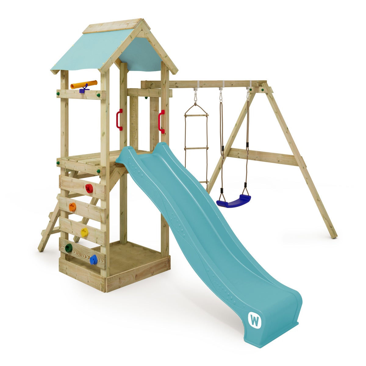 WICKEY Spielturm Klettergerüst FreeFlyer mit Schaukel und Rutsche, Kletterturm mit Sandkasten, Leiter und Spiel-Zubehör – pastellblau