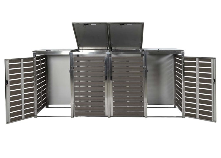 Mülltonnenbox für drei Mülltonnen mit zwei Flügeltüren und zwei Klappdeckeln