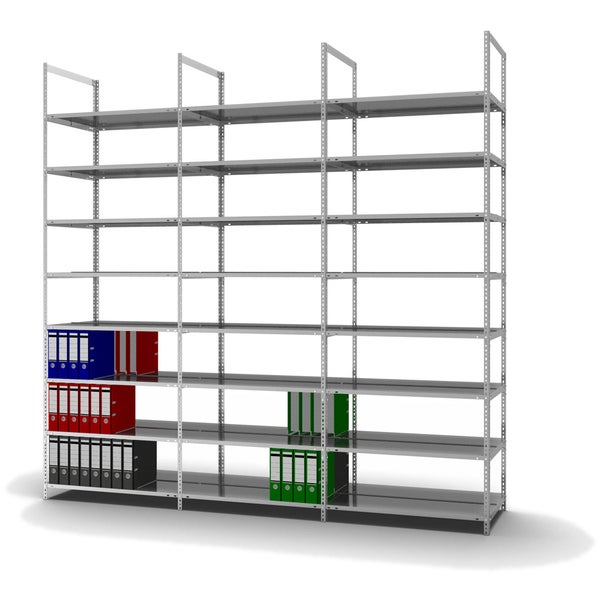 PROREGAL Aktenregal Schraubsystem Grundregal HxBxT 290 x 100 x 60 cm 8 Ebenen Fachlast 90 kg Ohne Deckboden Beidseitig Nutzbar Verzinkt
