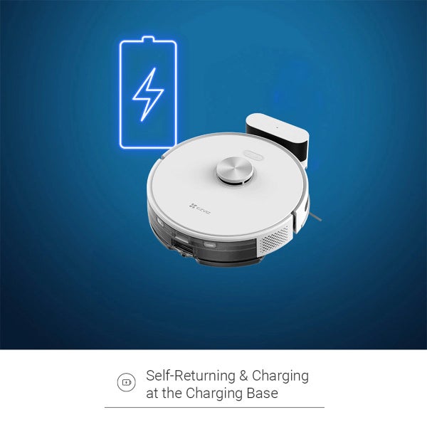 EZVIZ Saugroboter an der Ladestation mit Symbol für die automatische Rückkehr und Aufladung.