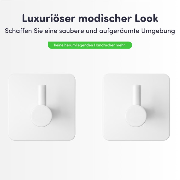 Zwei weiße selbstklebende Handtuchhaken mit quadratischer Basis und abgerundeten Ecken für Bad oder Küche.