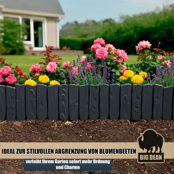 Beeteinfassung aus Kunststoff mit Holzoptik umrandet ein Blumenbeet