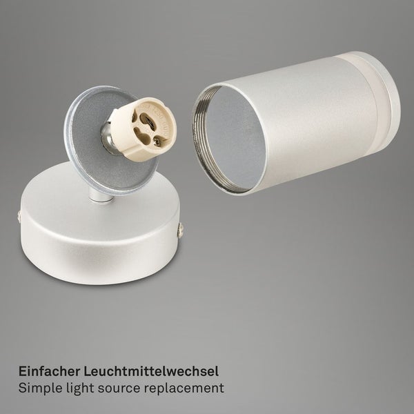 GU10 Strahler mit abgeschraubtem Metallgehäuse zur Veranschaulichung des einfachen Leuchtmittelwechsels.