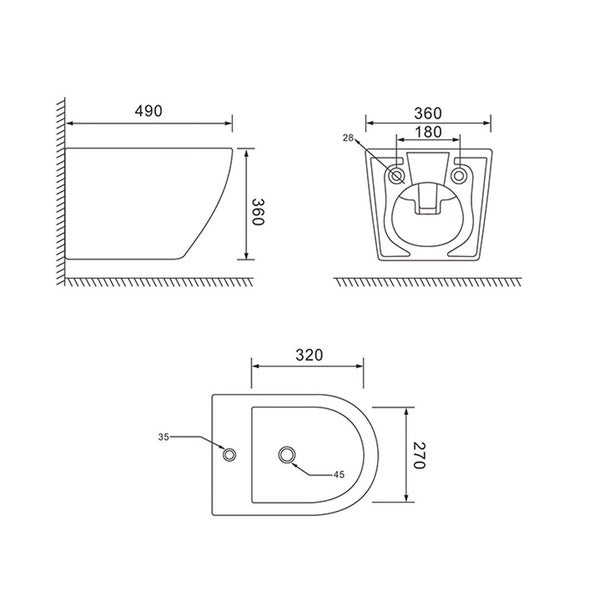 Technische Zeichnung von Toilette und Bidet mit Maßangaben
