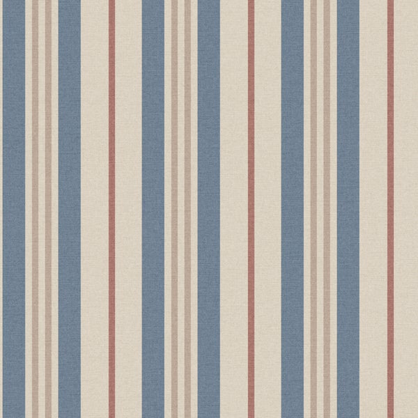 Tapete mit vertikalem Streifenmuster in Blau, Beige und Rotbraun mit strukturierter Oberfläche.