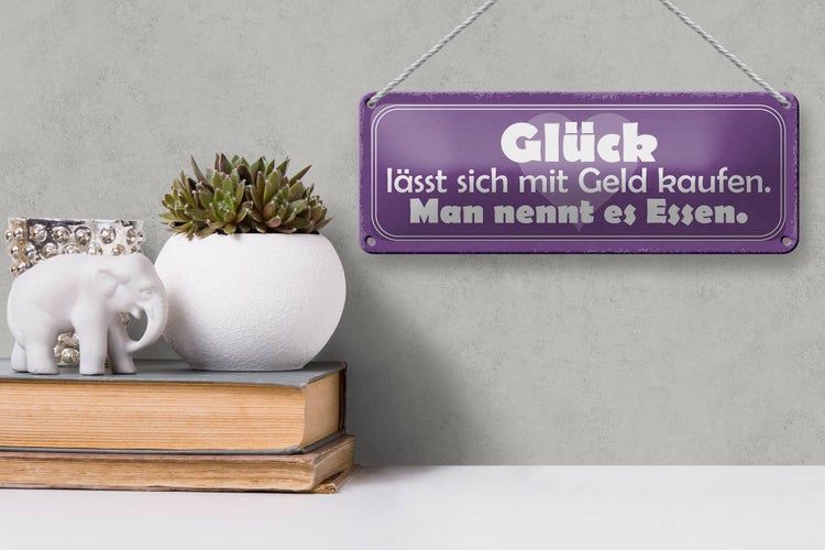 Blechschild Spruch 27x10cm Glück lässt sich kaufen Essen Dekoration