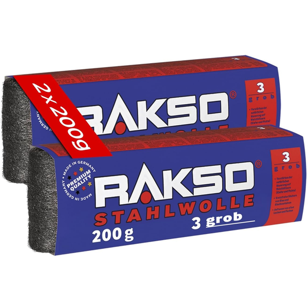 Rakso Stahlwolle Sorte 3 grob, zwei Packungen zu je 200 Gramm, Hergestellt in Deutschland.
