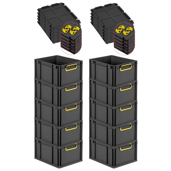 PROREGAL SparSet 10x Eurobox NextGen Color mit Auflagedeckel und Schiebeschnappverschlüsse, HxBxT 22x30x40cm, 20 Liter, Schwarz, Griffe gelb geschlossen, Eurobehälter, Transportbox, Transportbehälter, Stapelbehälter