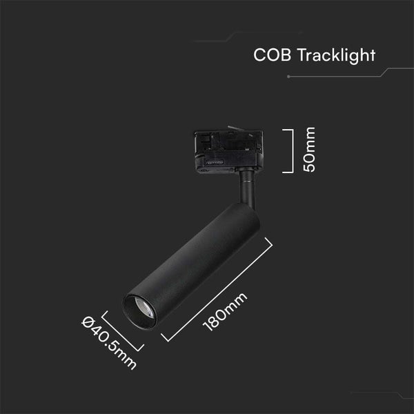 Abbildung einer COB-Tracklight-Leuchte mit den Maßen 40,5 mm Durchmesser, 50 mm Höhe und 180 mm Länge.