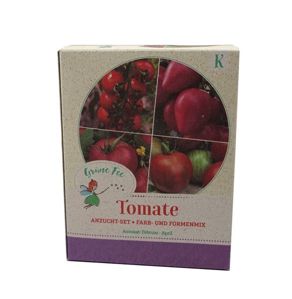 Grüne Fee Tomate Anzuchtset Farb- und Formmix, Saatgutmischung in einer Kartonverpackung, geeignet für die Aussaat von Februar bis April.