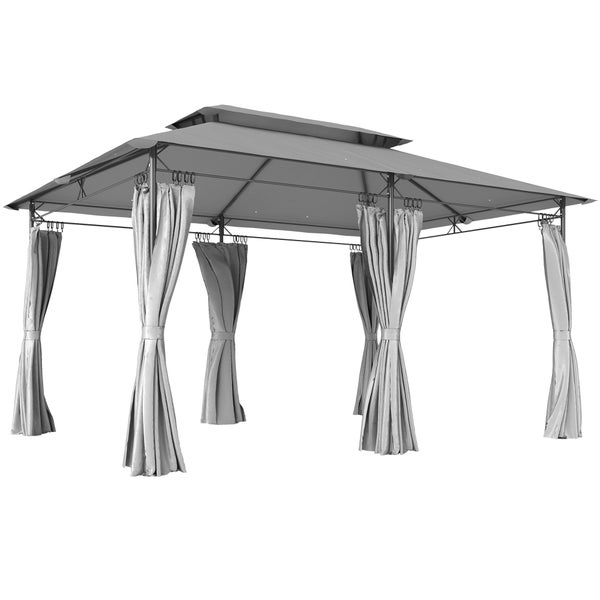 Gartenpavillon mit Doppeldach und gerafften Seitenvorhängen auf einem Metallgestell.
