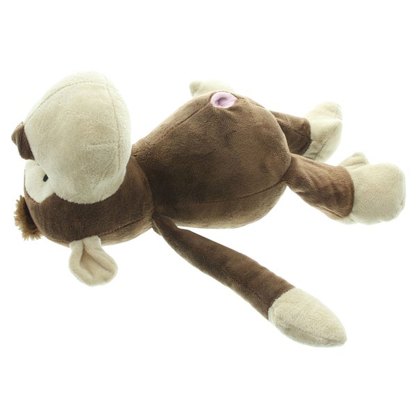 Plüschtier Affe in braun und beige, liegende Position, weiches Material, mit langem Schwanz.
