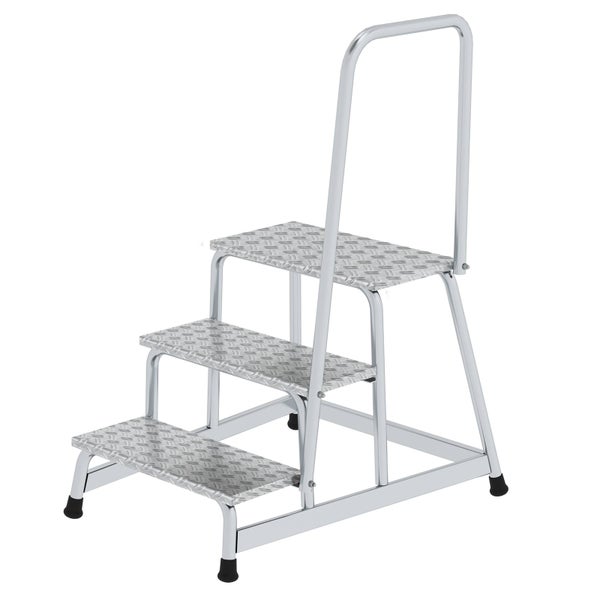 Aluminium-Tritthocker mit 3 Stufen, Sicherheitsbügel und rutschfesten Riffelblech-Trittflächen.