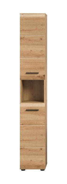 Hochschrank für das Badezimmer in Eichenoptik mit zwei Türen, schwarzen Griffen und einem offenen Regalfach in der Mitte.