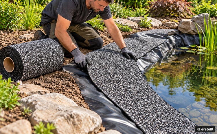 Ein Mann verlegt Ufermatte mit Kiesbeschichtung am Rand eines Gartenteichs über der Teichfolie