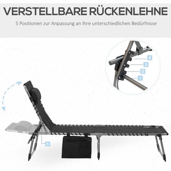 Verstellbare Campingliege mit 5 Positionen für die Rückenlehne, einer Seitentasche und einem stabilen Metallrahmen.