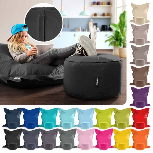 Green Bean 2er Set XXL Sitzsack inkl. Pouf fertig befüllt mit EPS-Perlen - Riesensitzsack 140x180 Lounge Sitz-Kissen Bean-Bag Chair  - Schwarz