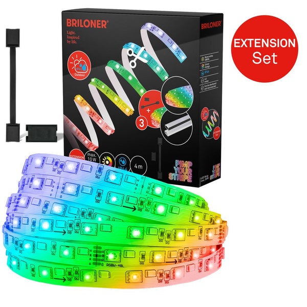 Briloner LED-Streifen Erweiterungsset, 4 Meter, mehrfarbiger Farbwechsel, warmweiß 3000 Kelvin, Schutzart IP44 für den Außenbereich.