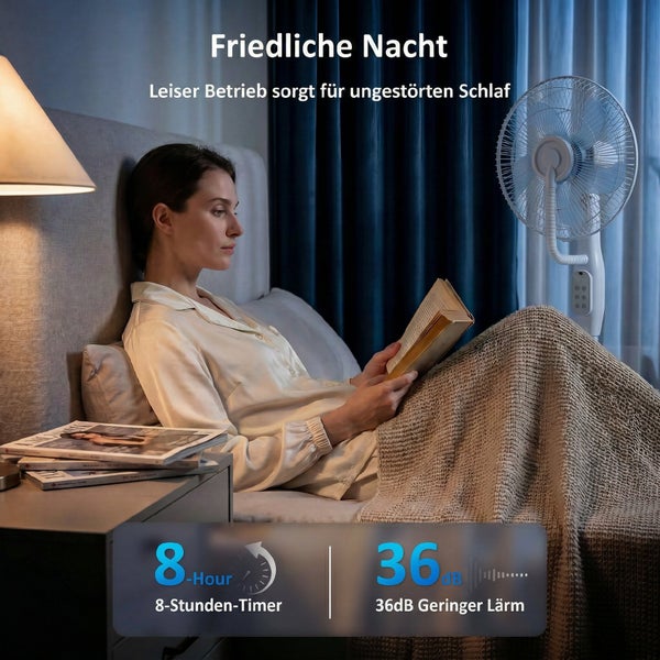 Frau liest im Bett neben einem leisen Standventilator mit 8 Stunden Timer und 36 Dezibel für ungestörten Schlaf.