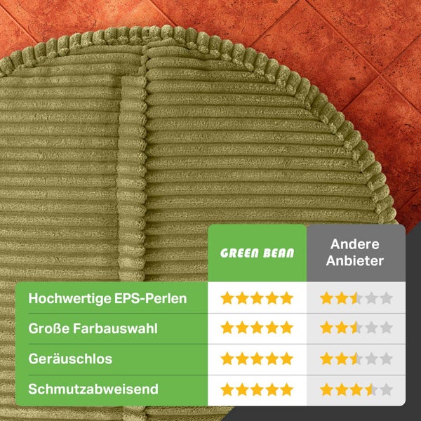 Green Bean Pouf-Kissen 45x25cm mit EPS-Perlen Füllung & Cordstoff Bodenkissen Liegekissen Sitzkissen Sitzhocker Sessel Kinder Erwachsene Stoff Hocker Ablage Grün