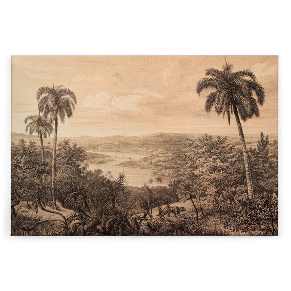 Wandbild mit einer historischen Landschaftsdarstellung einer tropischen Szenerie mit Palmen und einem Raubtier auf Leinenstoff