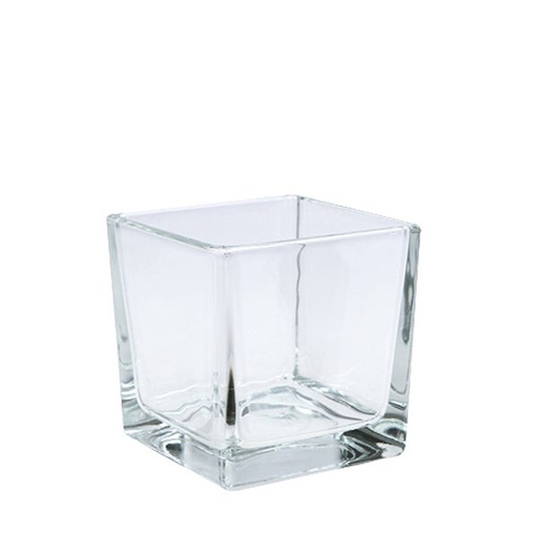 Quadratische Glasvase, transparent, Würfelform aus klarem Glas.