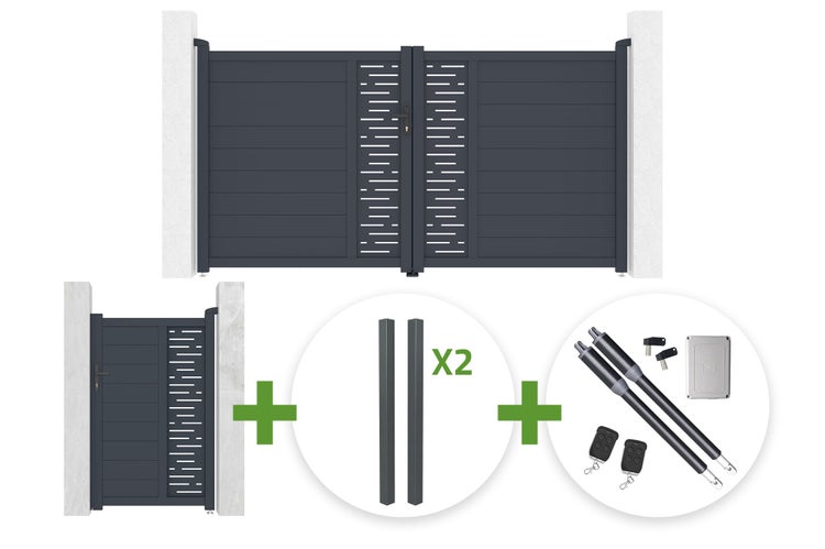 Set aus anthrazitfarbenem zweiflügeligem Einfahrtstor, Gartentür, zwei Pfosten und elektrischem Torantrieb mit Fernbedienungen.
