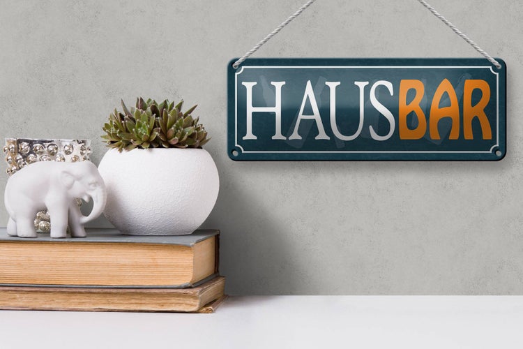 Blechschild Spruch 27x10cm Hausbar Küche blaues Schild