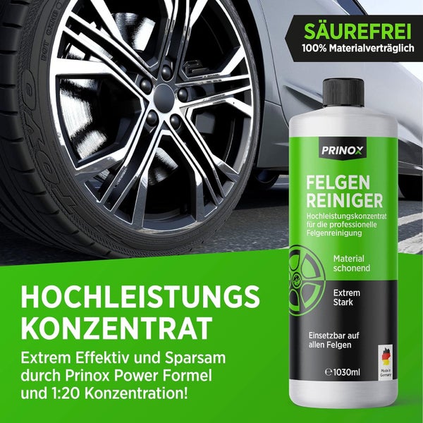 PRINOX® 1030ml Felgenreiniger Konzentrat inkl. Mischflasche | STARK & SPARSAM | Ergibt bis zu 20L | Säurefrei für alle Felgen | Alufelgen, Stahlfelgen, Carbon, Matte, Chrom | Felgenpflege Made in DE…
